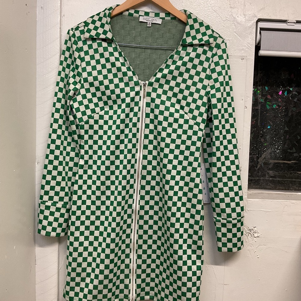 Sweet Rain Green and White Checkered Fabric Mini Dress